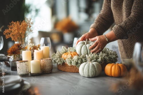 A person carefully assembles a warm Thanksgiving centerpiece featuring pumpkins, candles, and foliage on a wooden table.