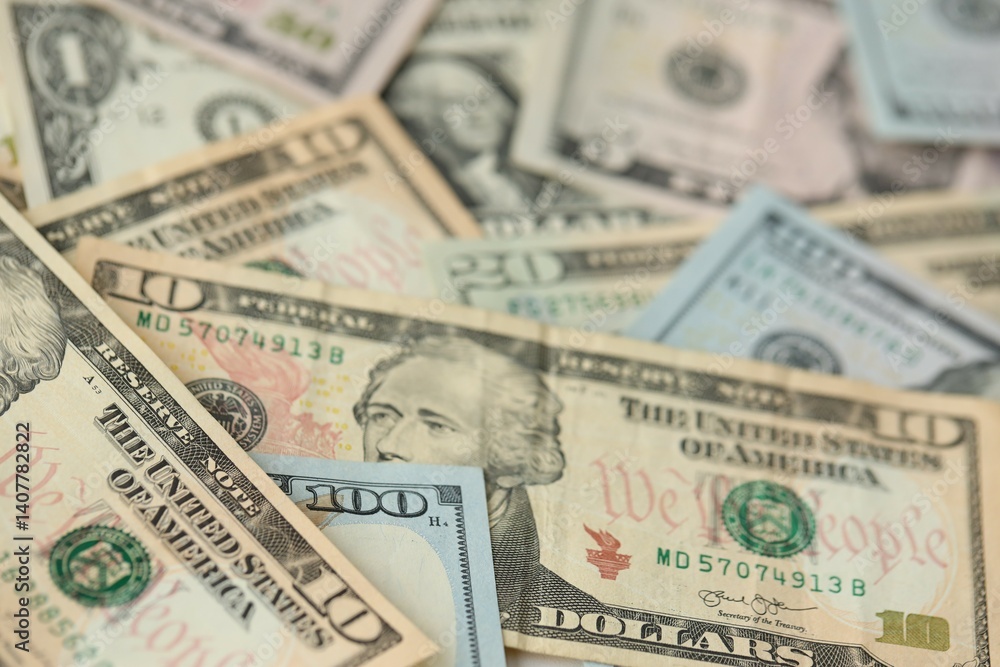 Stack of dollar bills. Hundred, fifty, twenty, ten, five dollars banknote close up Stack of dollar bills. Hundred, fifty, twenty, ten, five dollars banknote close up