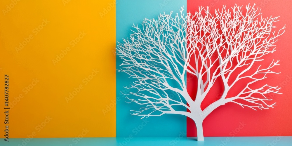This image features a white tree silhouette against colorful backgrounds. The vibrant colors create an eye-catching visual effect. Perfect for artistic projects and designs. AI