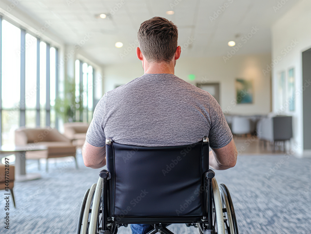 A man in a wheelchair is seen from behind, navigating a spacious, well-lit interior. A man in a wheelchair is seen from behind, navigating a spacious, well-lit interior.
