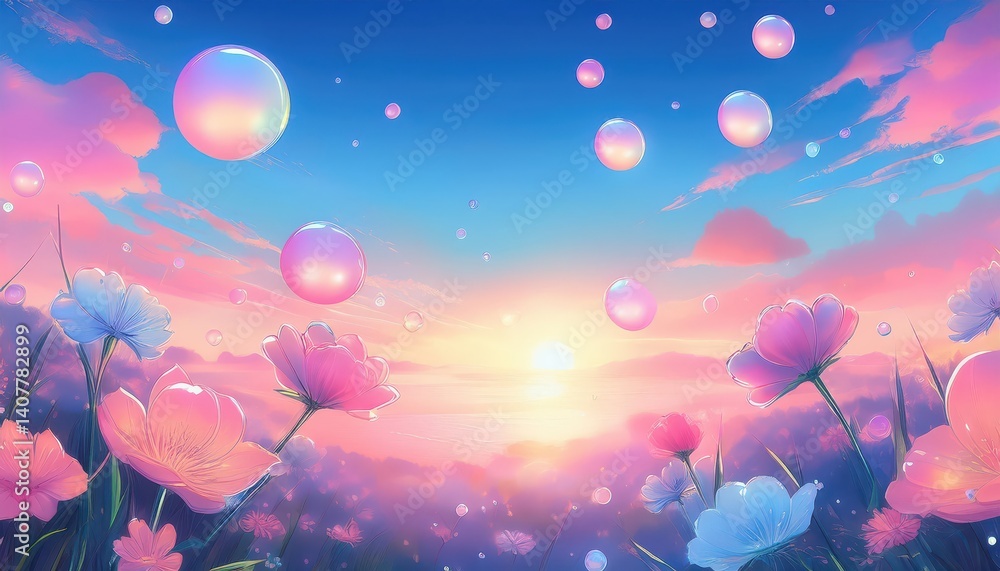 Radiant Blossoms and Floating Bubbles Amidst a Dreamy Sunset Sky Pink, Blue, and Abstract Wonders in the Twilight Hour Radiant Blossoms and Floating Bubbles Amidst a Dreamy Sunset Sky Pink, Blue, and Abstract Wonders in the Twilight Hour