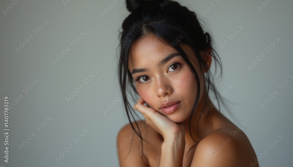 This stunning close-up features a young Asian woman with long, flowing hair, resting her chin on her hand. Her expressive eyes and soft features radiate tranquility and beauty, inviting viewers to This stunning close-up features a young Asian woman with long, flowing hair, resting her chin on her hand. Her expressive eyes and soft features radiate tranquility and beauty, inviting viewers to