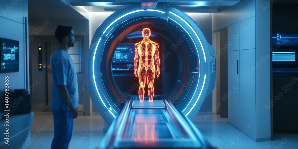 A futuristic medical facility showcases advanced technology. The scene features a glowing human figure displayed in vivid detail. This image reflects innovation and healthcare. AI