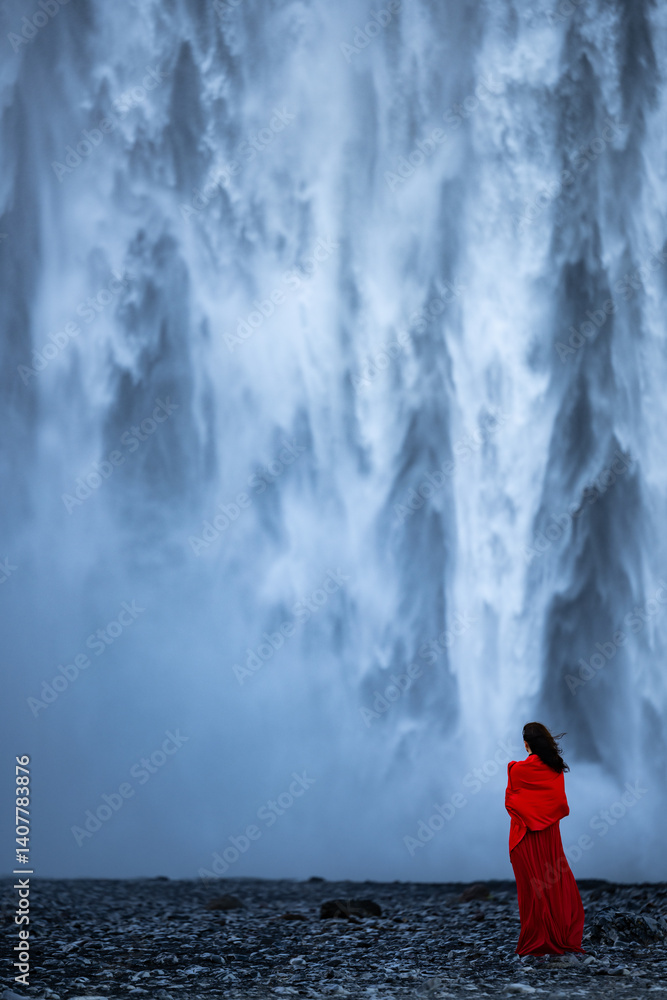 A woman in a red dress stands before the powerful Skógafoss waterfall in Iceland, her figure contrasting sharply against the mist and roaring cascade.