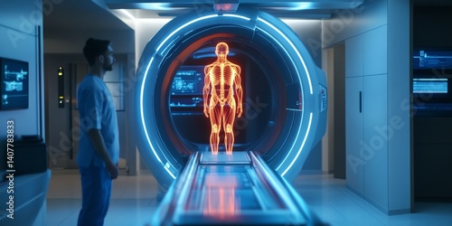 Obraz na płótnie A futuristic medical facility showcases advanced technology. The scene features a glowing human figure displayed in vivid detail. This image reflects innovation and healthcare. AI w salonie