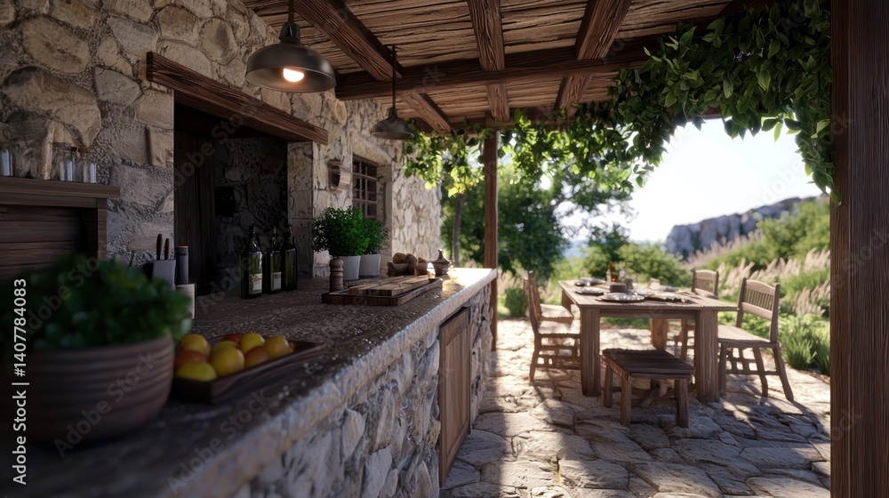 Fototapeta premium Rustic outdoor kitchen with Mediterranean view