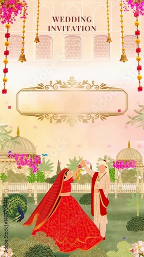 Beautiful Wedding Couple Animation Wedding Invitation Template. Indian Wedding Decoration, Decorative Floral Interior in Wedding Ceremony Background.