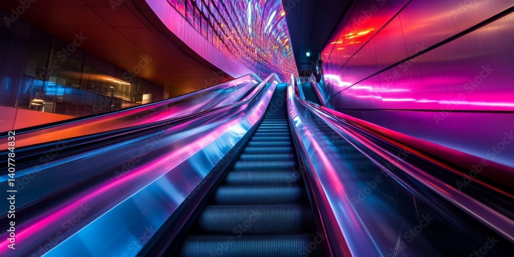 A stunning view of a vibrant escalator captured in a dynamic style. The colorful lights create a surreal atmosphere. This image is perfect for urban exploration themes. AI