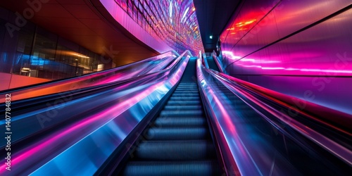 Obraz na płótnie A stunning view of a vibrant escalator captured in a dynamic style. The colorful lights create a surreal atmosphere. This image is perfect for urban exploration themes. AI w salonie