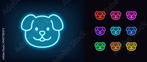 Outline neon puppy face icon. Glowing neon cute dog head icon, puppy emoji with smile. Happy dog face, puppy head, cartoon funny pet, cute animal emoticon, dog baby. Vector icon set