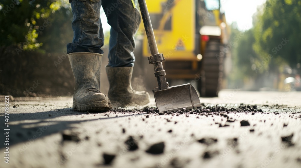 Construction worker using a jackhammer for pavement work. Featuring strength and precision Construction worker using a jackhammer for pavement work. Featuring strength and precision