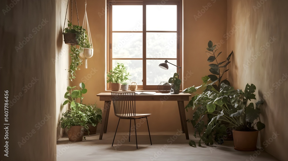 The image depicts a cozy indoor space with a wooden desk in the center, adorned with a variety of potted plants.
The image depicts a cozy indoor space with a wooden desk in the center, adorned with a variety of potted plants.
