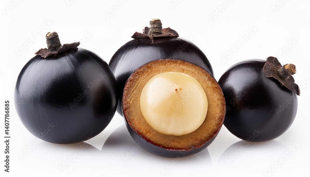 three whole and halved jaboticaba fruits on a white background three whole and halved jaboticaba fruits on a white background