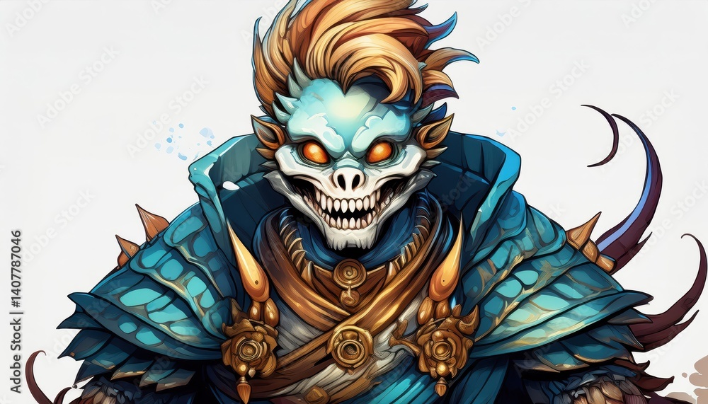 Naklejka premium Vintage Pokmon Collectible Striking Skeledirge Card Against a Minimalist White Background, Showcasing Intricate Detailing and Intense Energetic Pose.