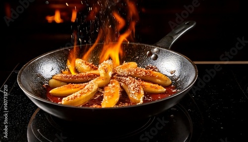 Caramelized bananas flambéed in a pan