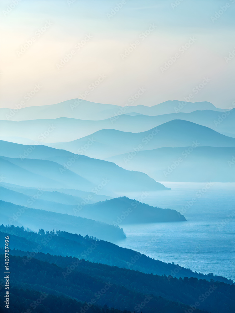 Fototapeta premium Layered Blue Mountain Ranges in Morning Haze Over Water.