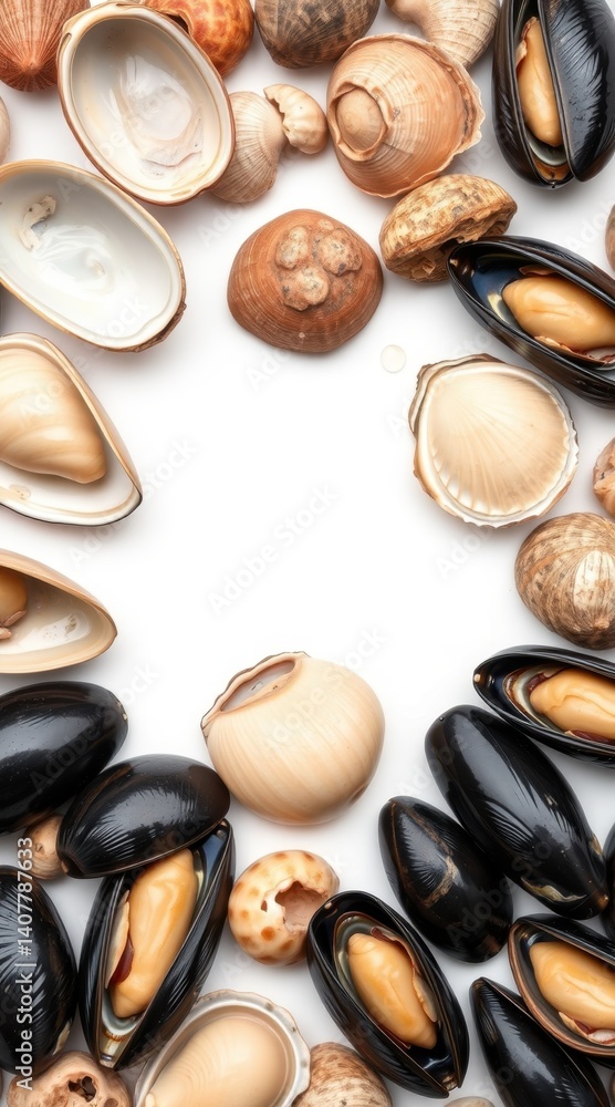 Diverse Group of Raw Shellfish on a Clean White Backdrop Image