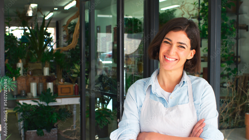Portrait Of Smiling Female Owner Of Florists Standing In Doorway Surrounded By Plants Portrait Of Smiling Female Owner Of Florists Standing In Doorway Surrounded By Plants