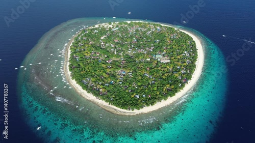 Aerial around view of tropical island Balicasag surrounded by turquoise waters and coral reefs, Philippines, 4k