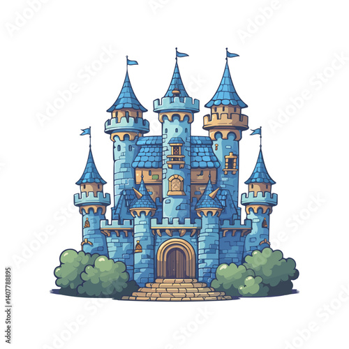 Enchanted Blue Castle Illustration Fairytale Architecture Design