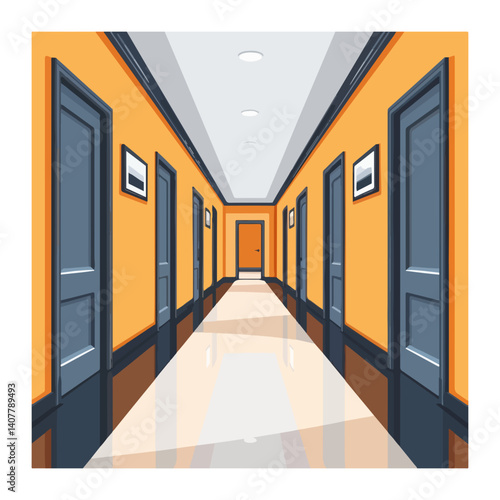 Long Orange Hallway with Grey Doors Architectural Illustration