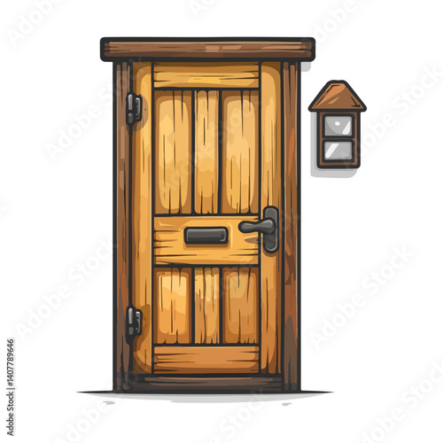 Rustic Wooden Door with Mail Slot and Lantern Illustration