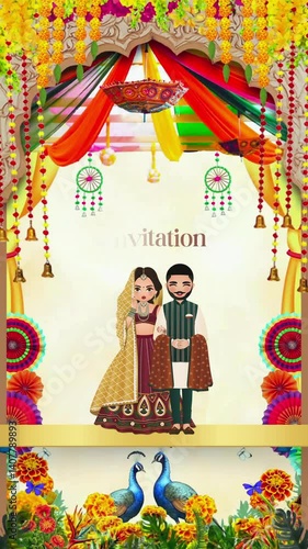 Romantic Indian Wedding invitation with bride and groom embracing. Peacocks and lush floral decor in a garden. Vertical video
