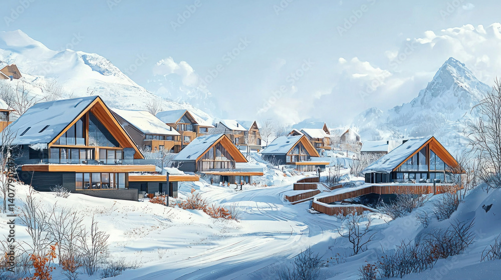 Snowy Mountain Village with Cozy Cabins and Scenic Winter Landscape Snowy Mountain Village with Cozy Cabins and Scenic Winter Landscape