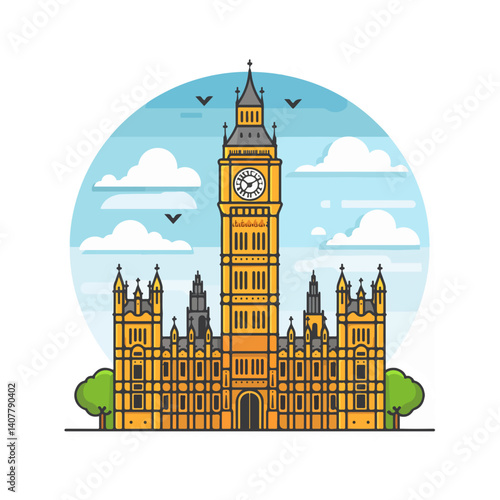 Iconic London Landmark Elizabeth Tower and Houses of Parliament Illustration