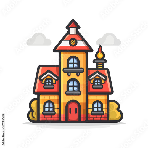 Charming Cartoon Fire Station Illustration Colorful Building Design