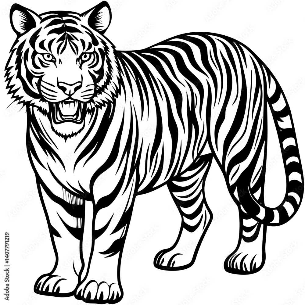 Fototapeta premium Aggressive Black and White Tiger Illustration Standing