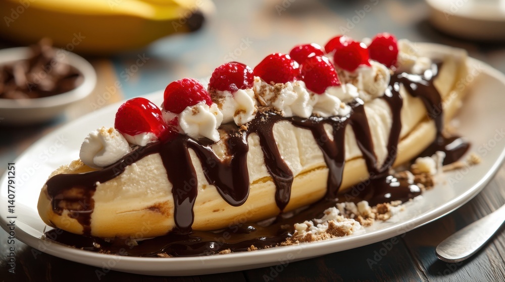 A banana split topped with whipped cream, fresh raspberries, and drizzled with chocolate sauce, served on a white plate. A banana split topped with whipped cream, fresh raspberries, and drizzled with chocolate sauce, served on a white plate.