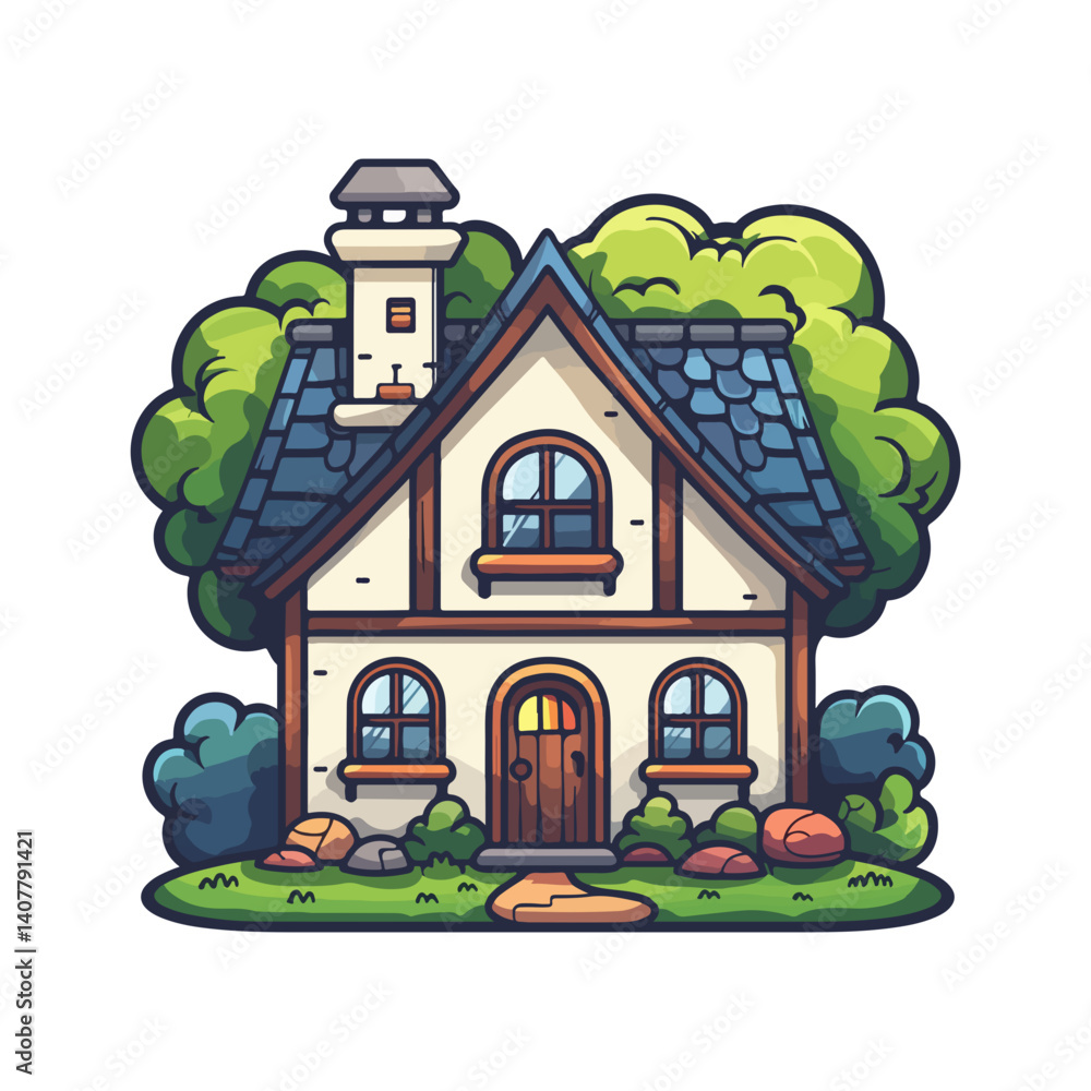 Fototapeta premium Charming Cartoon Cottage Illustration A Whimsical Home in Lush Greenery