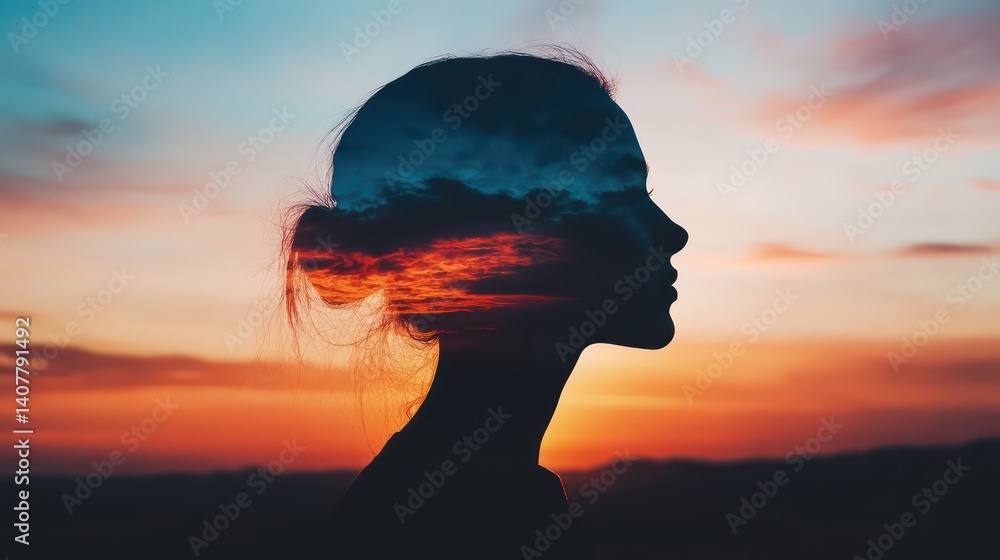 Silhouette of woman at sunset natural landscape artistic photography dreamy atmosphere profile view emotional reflection Silhouette of woman at sunset natural landscape artistic photography dreamy atmosphere profile view emotional reflection