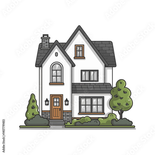 Charming Two-Story House Illustration Suburban Home Design