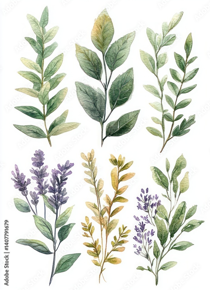 Fototapeta premium Botanical Illustration of Aromatic Herbs Watercolor Design Fresh Green Leaves Culinary Plants