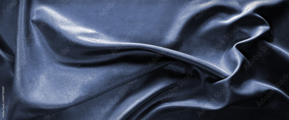 Fototapeta premium Dark blue silk satin fabric. Luxury elegant backgrand for design. Wave line crumpled. Wide banner. 