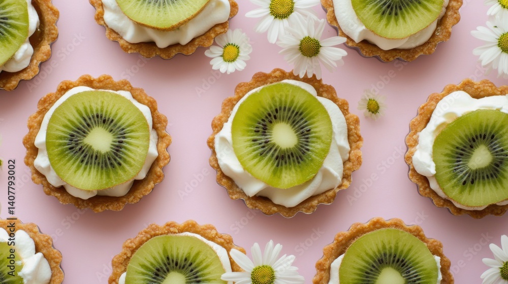 Delicious kiwi tarts with creamy filling arranged on a pink background with delicate daisies creating a vibrant and fresh dessert display for culinary inspiration Delicious kiwi tarts with creamy filling arranged on a pink background with delicate daisies creating a vibrant and fresh dessert display for culinary inspiration