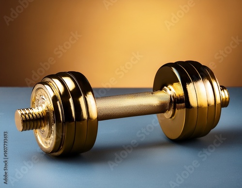 a golden dumbbell for fitness close up view