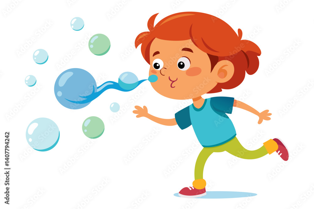 Child blowing bubbles and chasing them on a white background Child blowing bubbles and chasing them on a white background