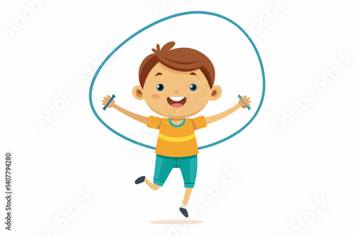 Child jumping rope with joyful expression on a white background
