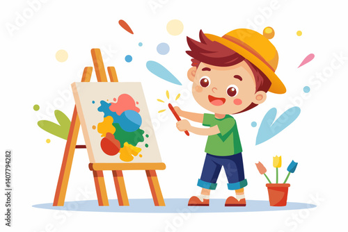 Child painting at an easel with colorful splashes on a white background