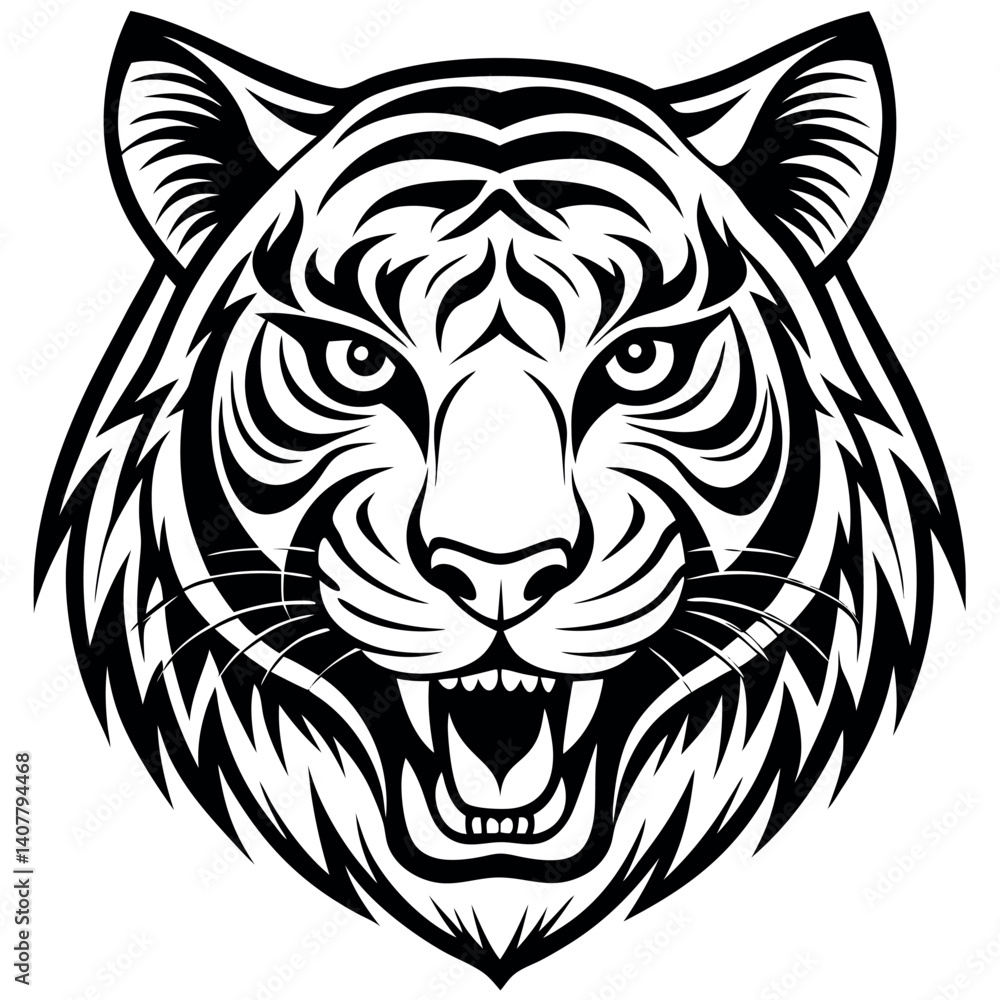 Fototapeta premium Aggressive Roaring Tiger Head Black and White Vector Illustration