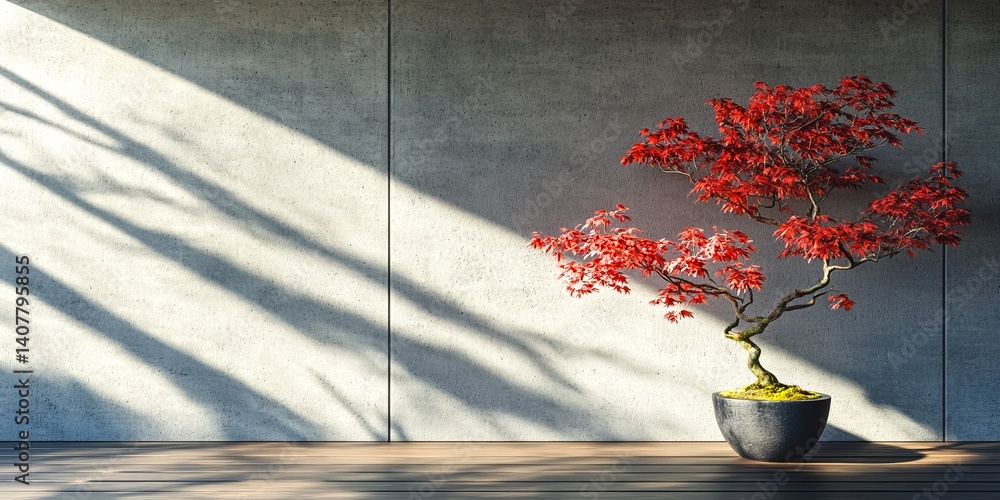 A serene bonsai tree with vibrant red leaves stands against a sleek concrete wall. This minimalistic design creates a calm atmosphere. Ideal for interior decor or relaxation purposes. AI