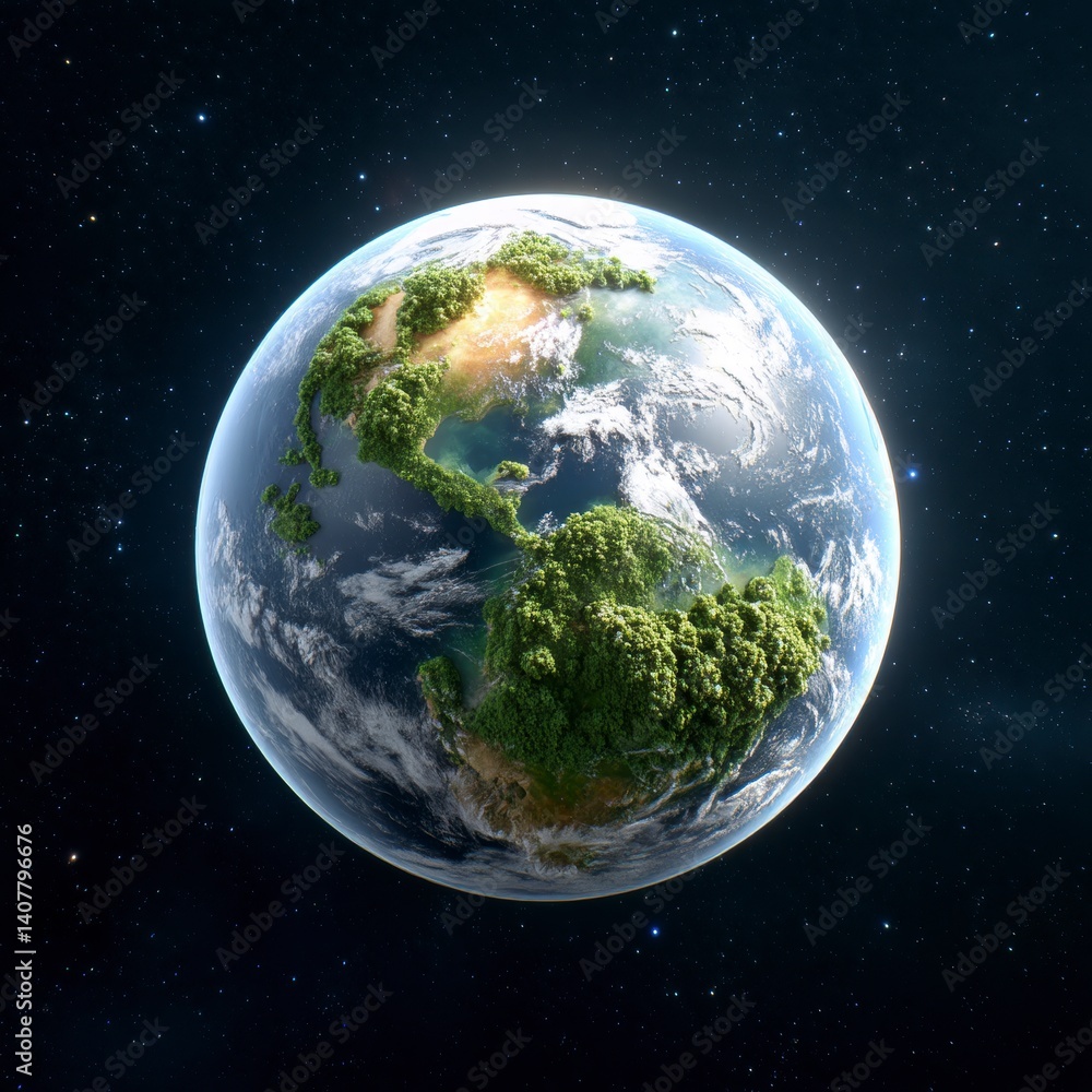 Fototapeta premium Lush Green Earth Surrounded by Stars and Cosmic Wonders