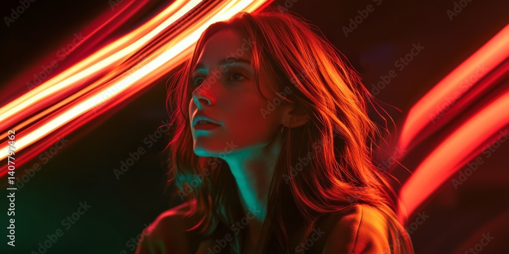 A young woman gazes thoughtfully with a vibrant glow surrounding her. The image captures emotions through colorful light trails. It is artistic and expressive. AI
