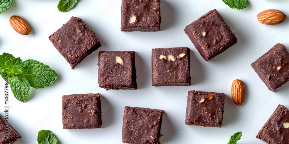 Delicious chocolate squares with nuts and mint leaves scattered around. Perfect for satisfying your sweet tooth. A bright and vibrant image ideal for food blogs and dessert recipes. AI