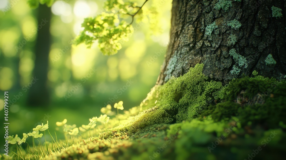 Spring Illustrations. Scenic Forest Landscape with Trees and Green Nature Macro Details Spring Illustrations. Scenic Forest Landscape with Trees and Green Nature Macro Details