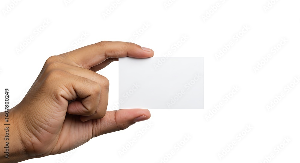 Fototapeta premium Hand holding blank business card, white background, negative space for text insertion