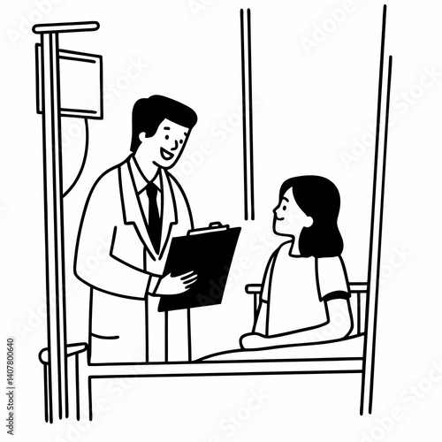 Line Art Doctor talking to female patient in working cabinet at hospital